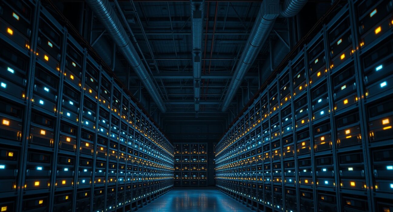 Interior of a large Bitcoin mining facility with rows of ASIC miners
