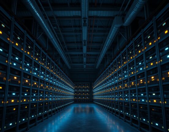 Interior of a large Bitcoin mining facility with rows of ASIC miners