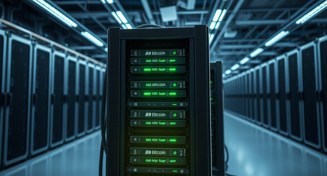 Industrial Bitcoin mining facility showing ASIC miners, representing the network's computing power and difficulty adjustment.