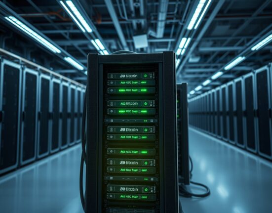 Industrial Bitcoin mining facility showing ASIC miners, representing the network's computing power and difficulty adjustment.