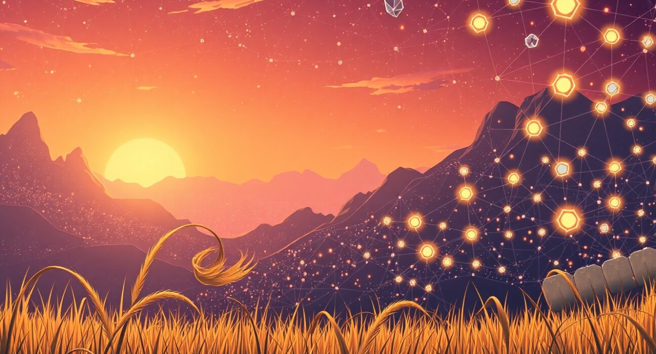 Visual metaphor for the 15% Bitcoin mining difficulty surge and complex blockchain network.