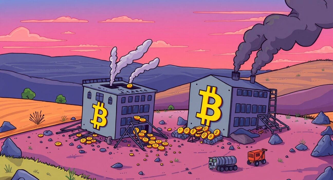 Shocking fire at Bitcoin mining facility in Ohio showing collapsed buildings and smoke