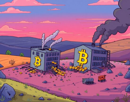 Shocking fire at Bitcoin mining facility in Ohio showing collapsed buildings and smoke