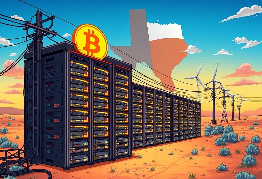A cartoon illustration showing a large Bitcoin mining facility operating efficiently in Texas, symbolizing advanced crypto infrastructure.