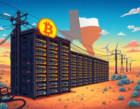 A cartoon illustration showing a large Bitcoin mining facility operating efficiently in Texas, symbolizing advanced crypto infrastructure.