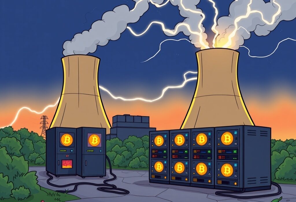 Cartoon of a French nuclear plant channeling surplus energy to Bitcoin mining operations, illustrating France's innovative energy use for Bitcoin mining France.