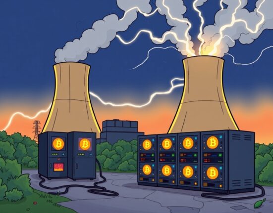 Cartoon of a French nuclear plant channeling surplus energy to Bitcoin mining operations, illustrating France's innovative energy use for Bitcoin mining France.