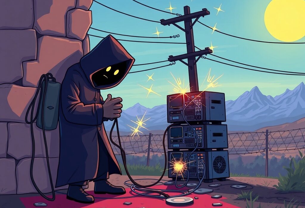 A cartoon illustration showing illegal Bitcoin mining activities causing significant electricity theft in Central Asia.
