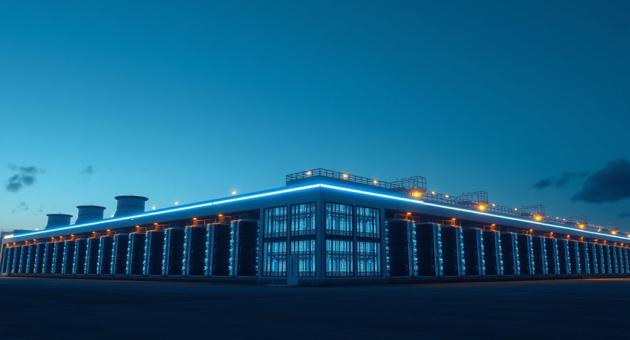 Exterior of a large Bitcoin mining data center at dusk with industrial lighting