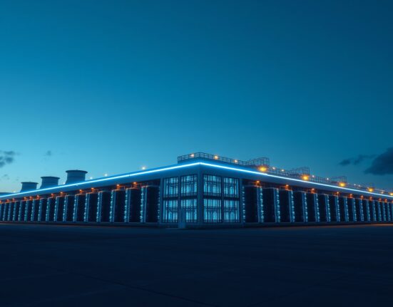 Exterior of a large Bitcoin mining data center at dusk with industrial lighting