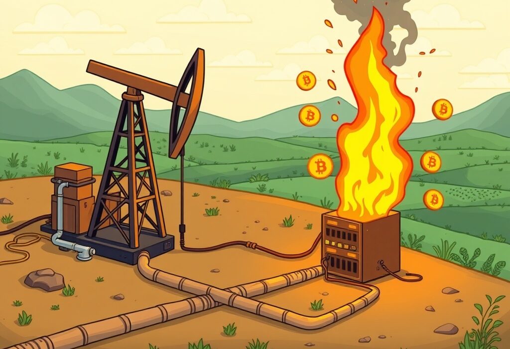 Cartoon illustration of an oil rig with a computer server next to it, symbolizing Bitcoin mining with stranded natural gas.