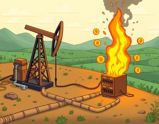 Cartoon illustration of an oil rig with a computer server next to it, symbolizing Bitcoin mining with stranded natural gas.