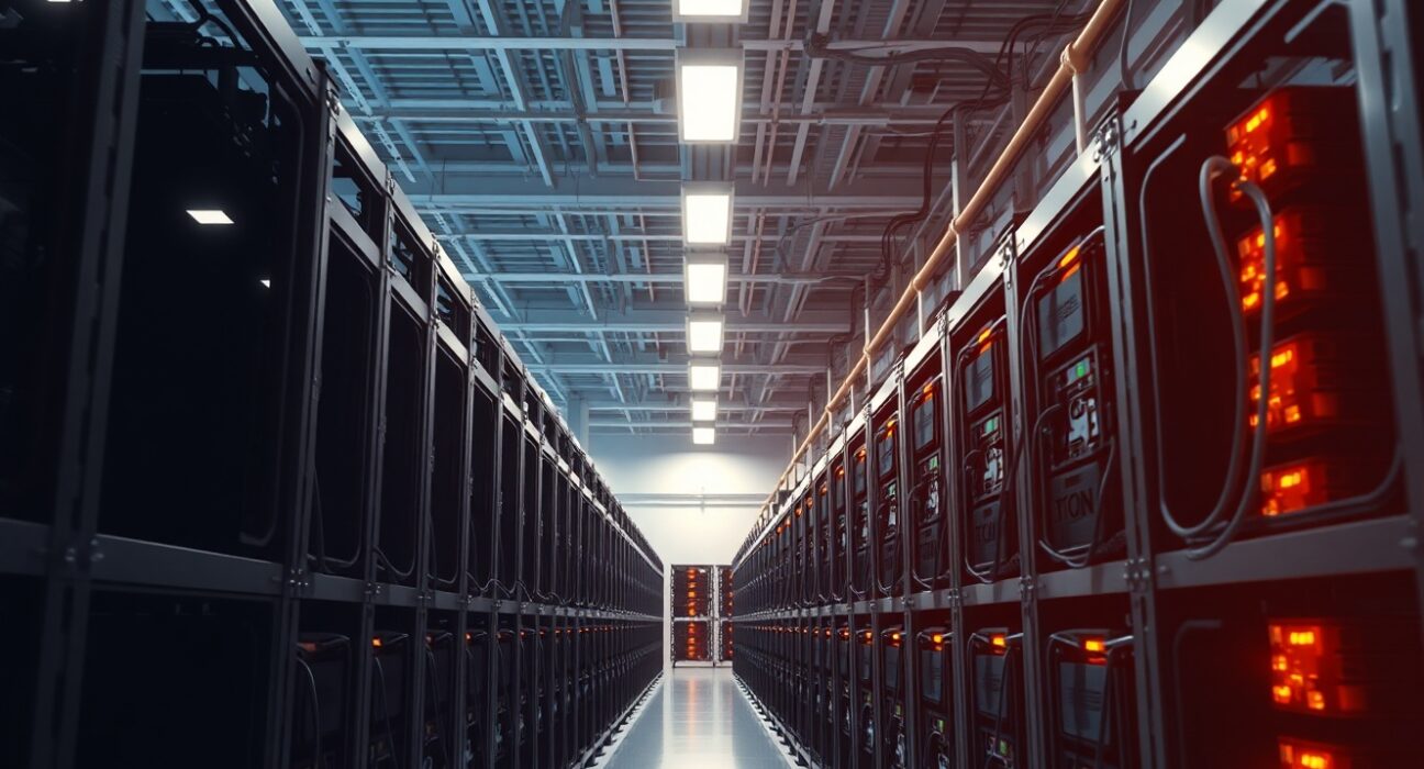 Bitcoin mining facility showing industrial ASIC miners operating in a clean warehouse environment.