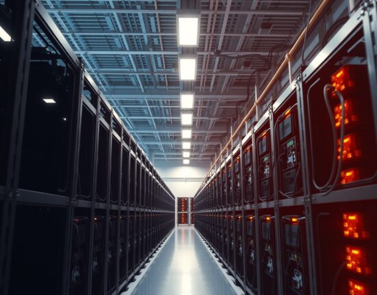 Bitcoin mining facility showing industrial ASIC miners operating in a clean warehouse environment.