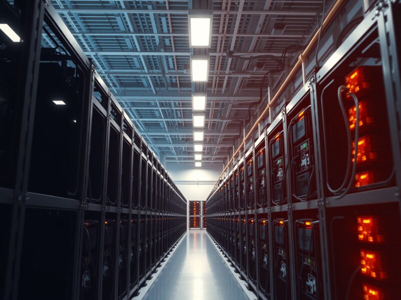 Bitcoin mining facility showing industrial ASIC miners operating in a clean warehouse environment.