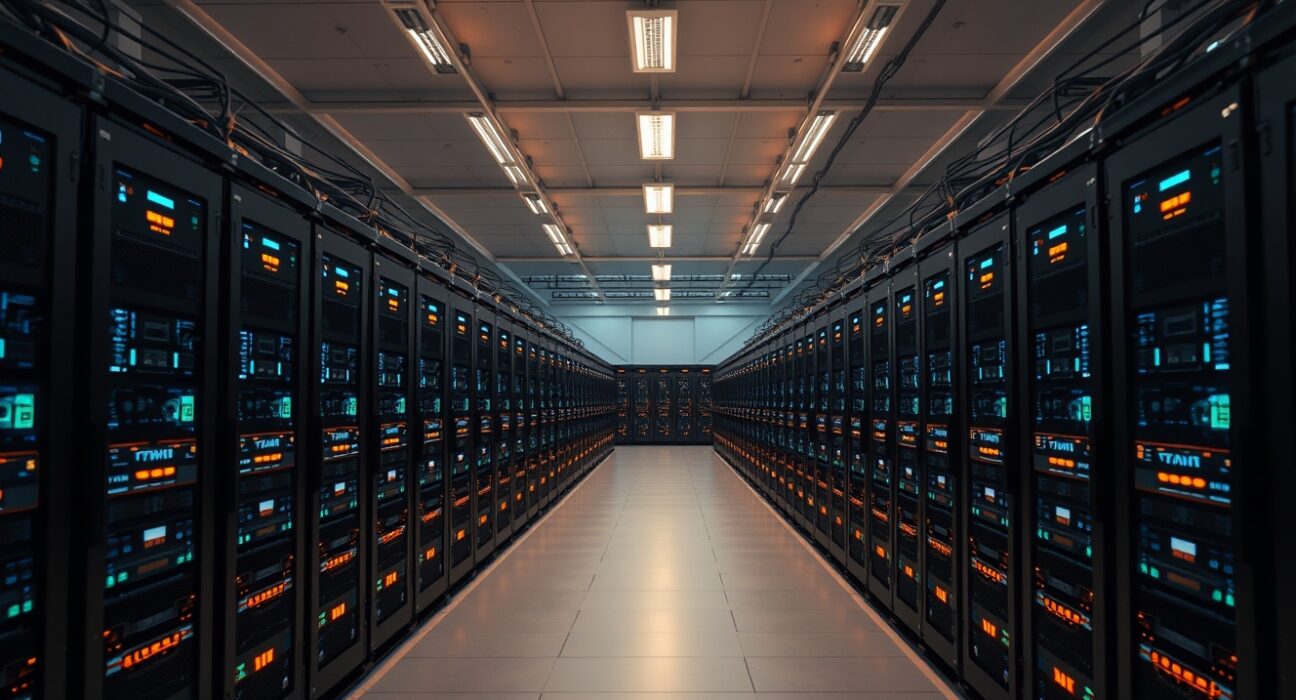 Interior view of a large Bitcoin mining facility with rows of mining rigs emitting blue and orange lights