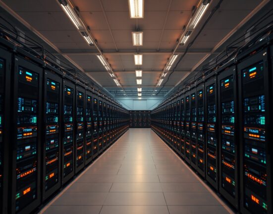 Interior view of a large Bitcoin mining facility with rows of mining rigs emitting blue and orange lights