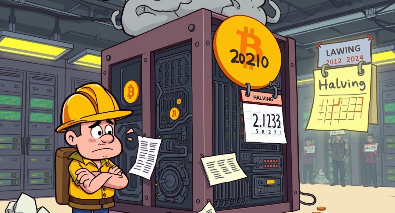 A cartoon illustrating the Bitcoin mining profitability crisis, showing a distressed miner facing a complex, underperforming rig.