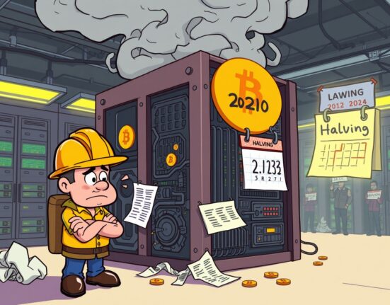 A cartoon illustrating the Bitcoin mining profitability crisis, showing a distressed miner facing a complex, underperforming rig.