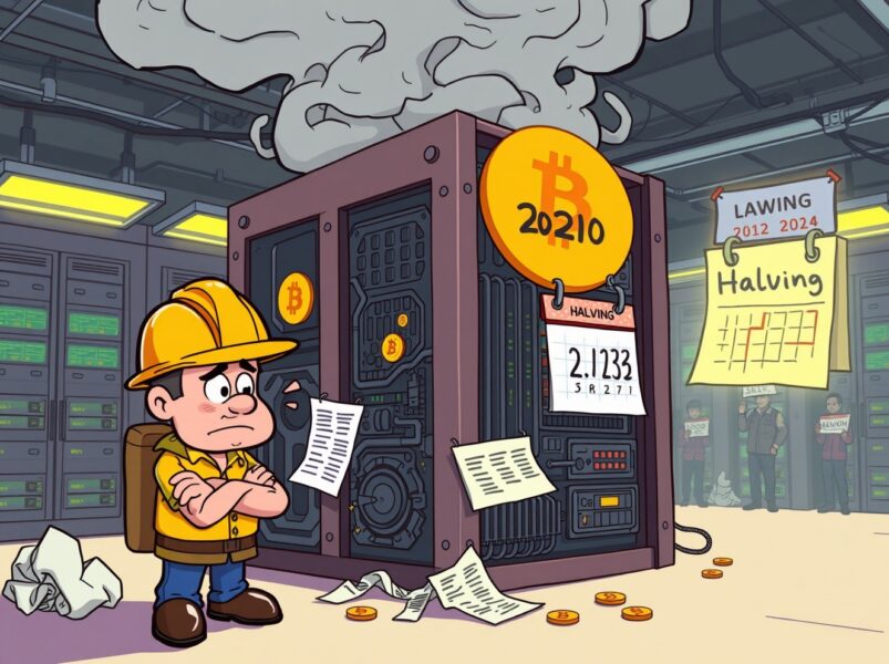 A cartoon illustrating the Bitcoin mining profitability crisis, showing a distressed miner facing a complex, underperforming rig.