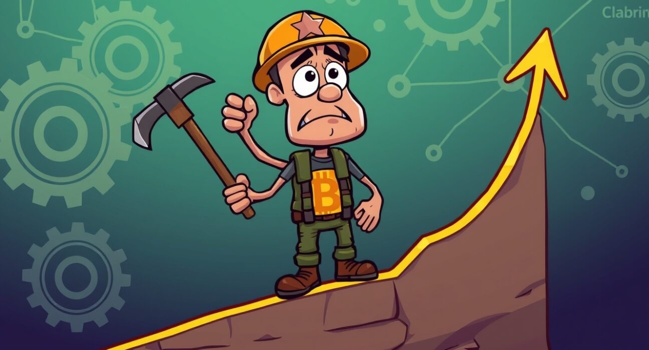 Cartoon miner struggling as Bitcoin mining profitability declines due to rising network hashrate, highlighting market challenges.