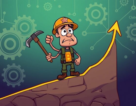 Cartoon miner struggling as Bitcoin mining profitability declines due to rising network hashrate, highlighting market challenges.