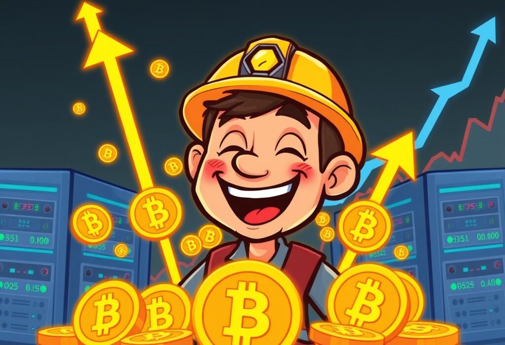 A cartoon miner celebrates rising Bitcoin mining profitability amidst growing crypto market confidence, illustrating recent gains.