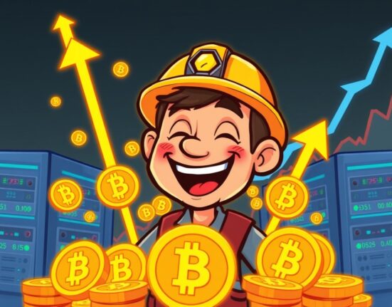 A cartoon miner celebrates rising Bitcoin mining profitability amidst growing crypto market confidence, illustrating recent gains.