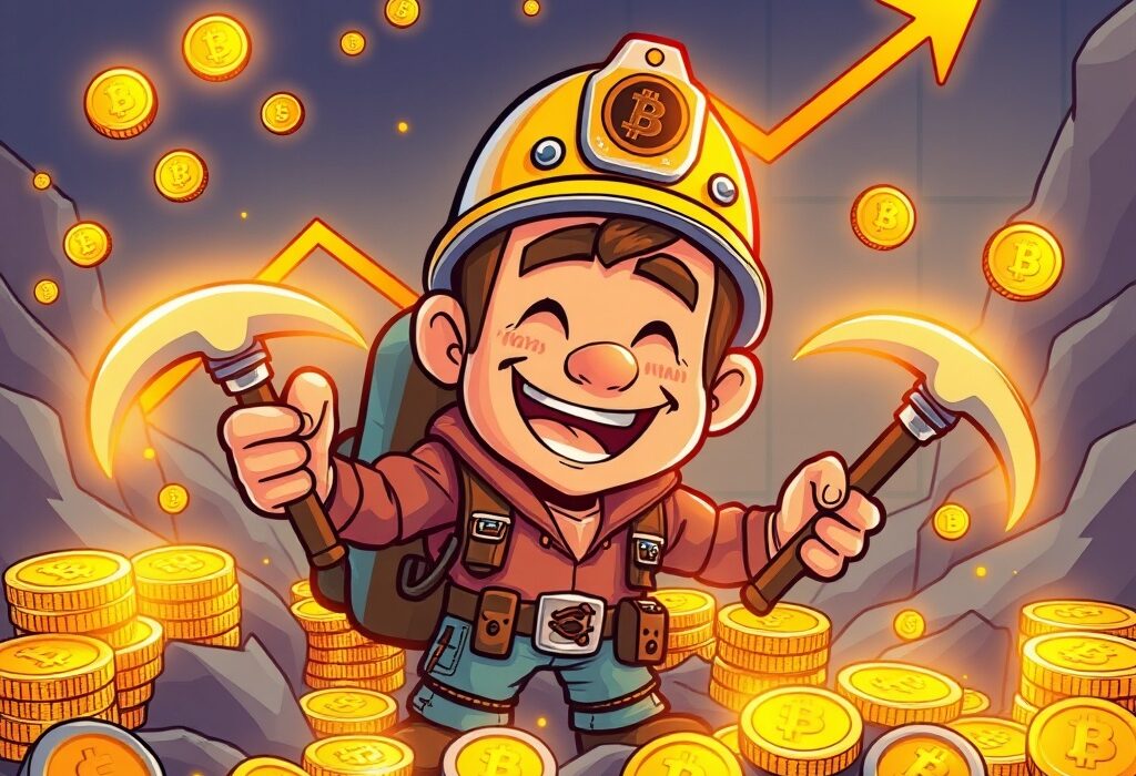 A cartoon miner joyfully observing a chart showing surging Bitcoin mining profitability post-halving.