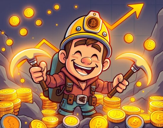 A cartoon miner joyfully observing a chart showing surging Bitcoin mining profitability post-halving.