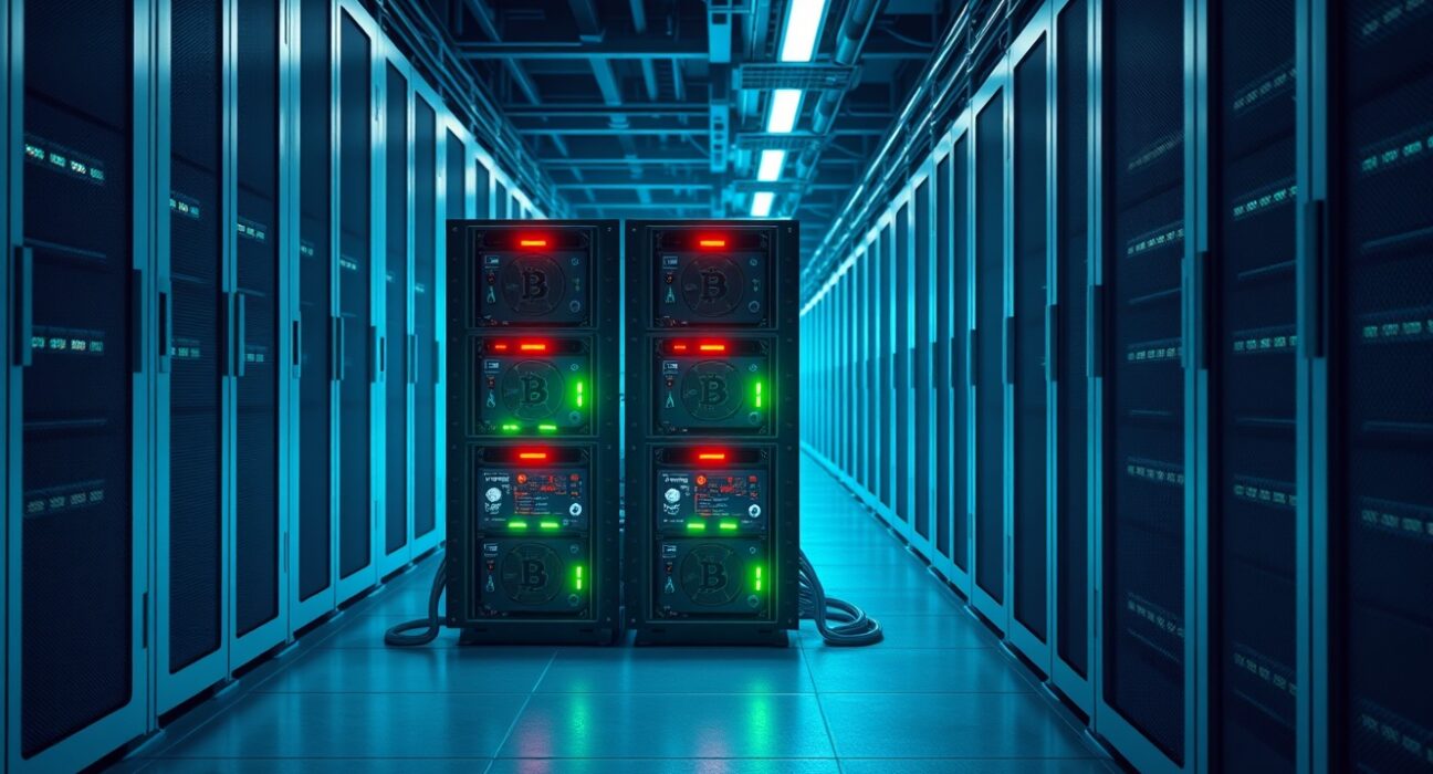 Bitcoin mining rigs in a data center facing profitability challenges in 2025.
