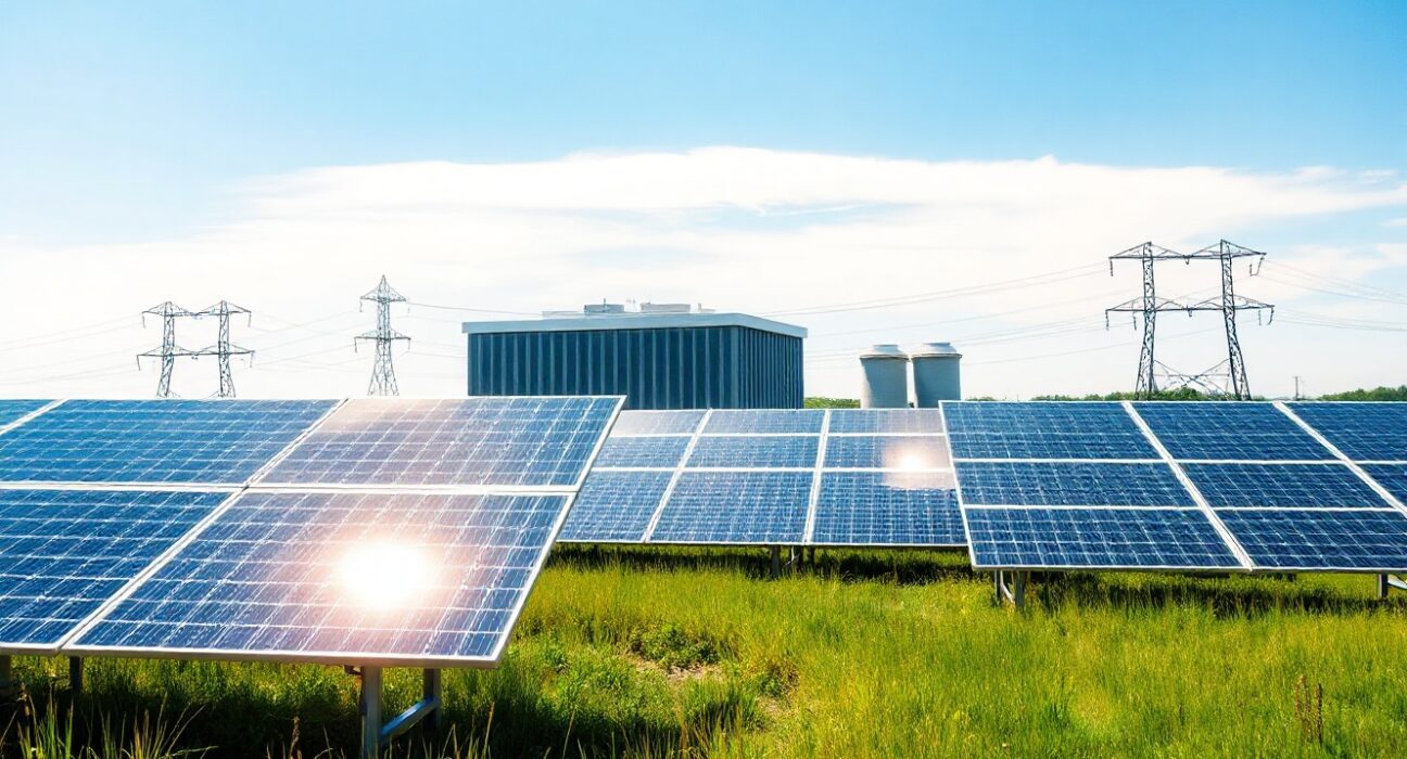 Solar panels in a European field with a Bitcoin mining facility in the background