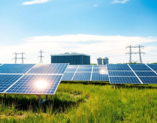 Solar panels in a European field with a Bitcoin mining facility in the background
