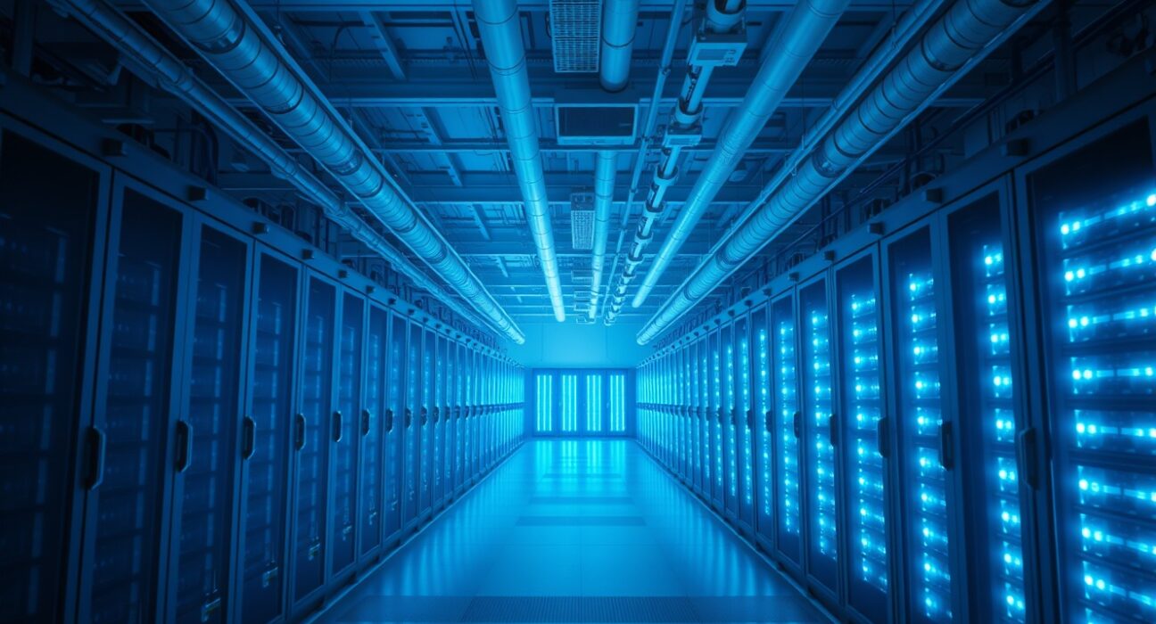 Interior of a Bitcoin mining facility with rows of mining rigs emitting blue light.