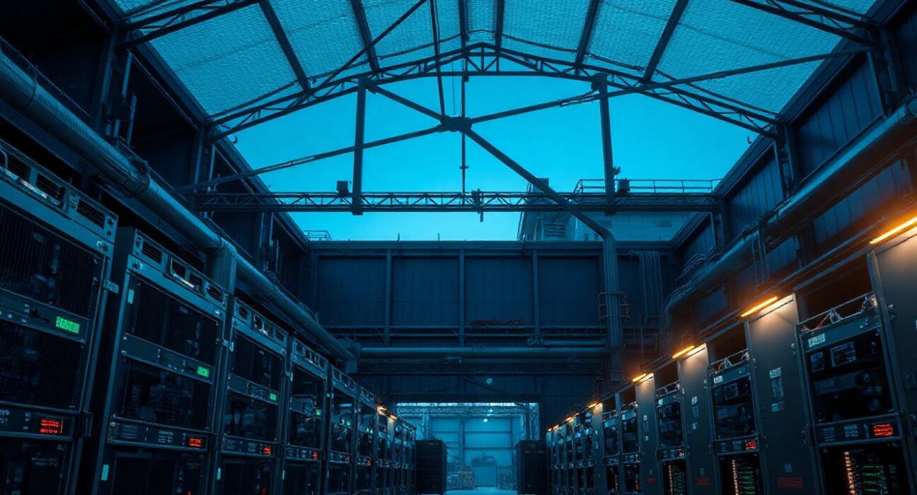 Aerial view of a Bitcoin mining facility with rows of servers and mining rigs, highlighting the industrial scale of the operation.
