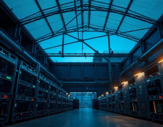 Aerial view of a Bitcoin mining facility with rows of servers and mining rigs, highlighting the industrial scale of the operation.