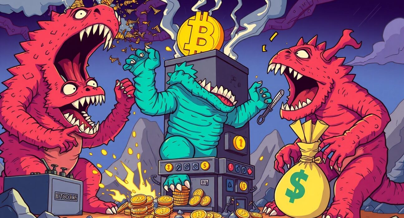 Bitcoin mining facility under attack from three giant threats representing competition, costs, and falling revenue in cartoon style