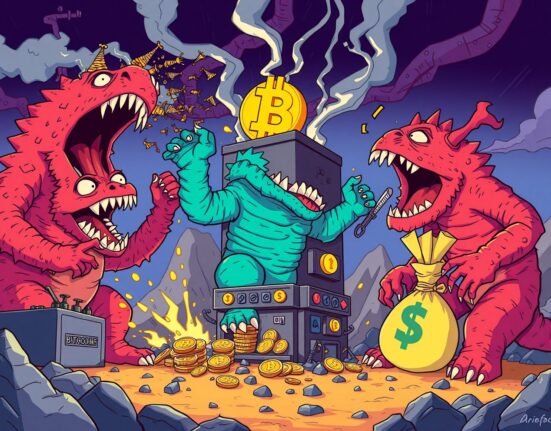Bitcoin mining facility under attack from three giant threats representing competition, costs, and falling revenue in cartoon style