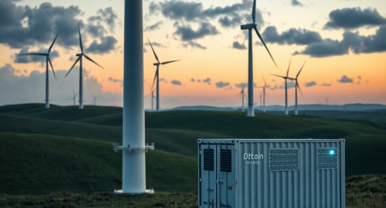 Wind turbines and a Bitcoin mining facility at a wind farm, illustrating the study's findings.