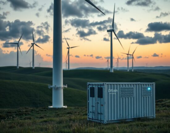 Wind turbines and a Bitcoin mining facility at a wind farm, illustrating the study's findings.