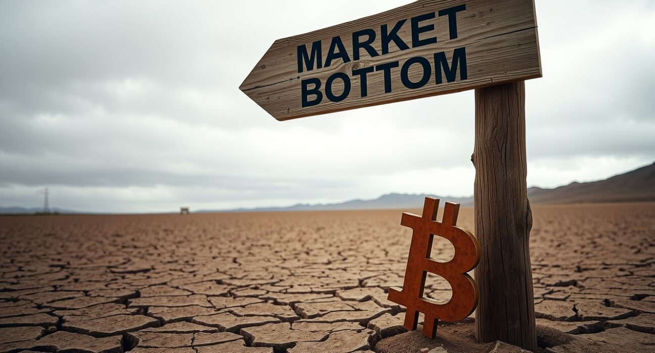 A weathered signpost in a dry desert landscape pointing toward a market bottom horizon, with a small Bitcoin symbol in the foreground.