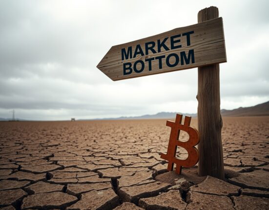 A weathered signpost in a dry desert landscape pointing toward a market bottom horizon, with a small Bitcoin symbol in the foreground.