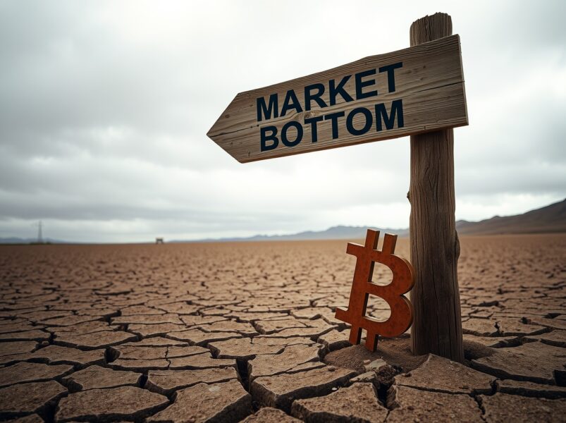 A weathered signpost in a dry desert landscape pointing toward a market bottom horizon, with a small Bitcoin symbol in the foreground.
