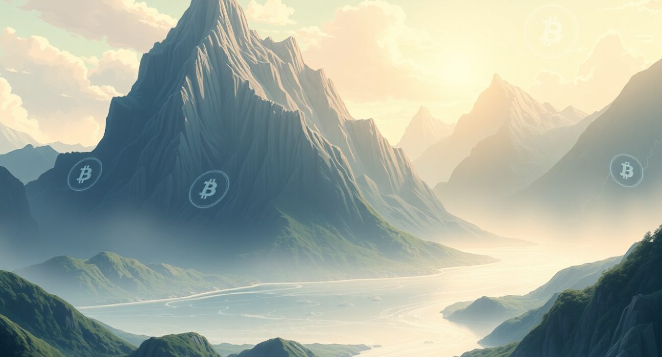 Bitcoin momentum analysis showing consolidation phase with blockchain data streams flowing through digital mountains