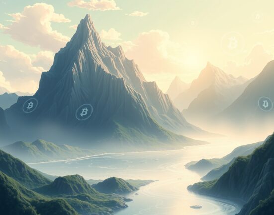 Bitcoin momentum analysis showing consolidation phase with blockchain data streams flowing through digital mountains