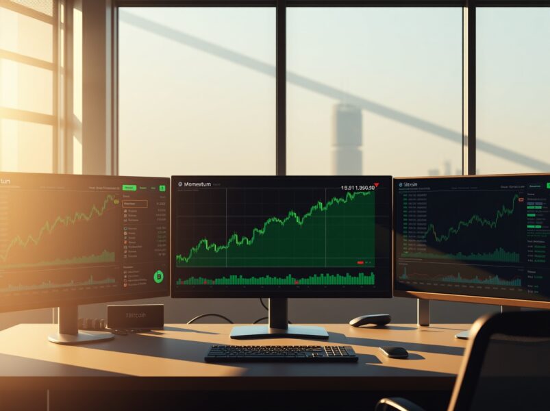Bitcoin momentum indicator analysis showing transition from bearish to bullish market conditions on professional trading dashboard