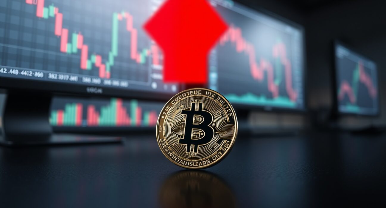 Bitcoin coin with red downward shadow on reflective surface in trading environment