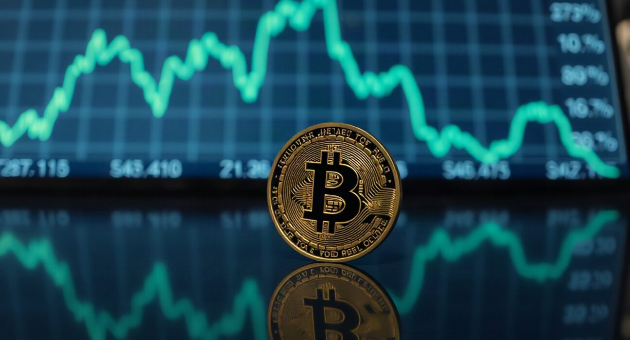 Bitcoin coin with upward trend graph in background, symbolizing price momentum near $80K.