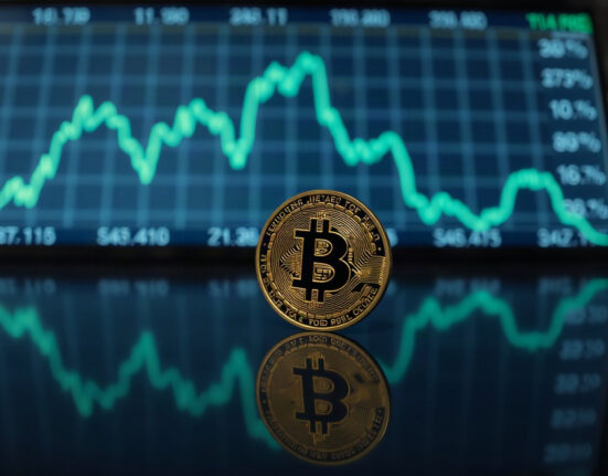 Bitcoin coin with upward trend graph in background, symbolizing price momentum near $80K.