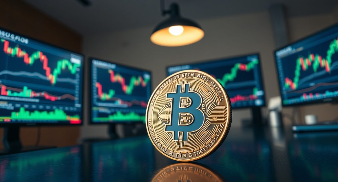 Bitcoin coin on desk with financial charts in background, representing market analysis